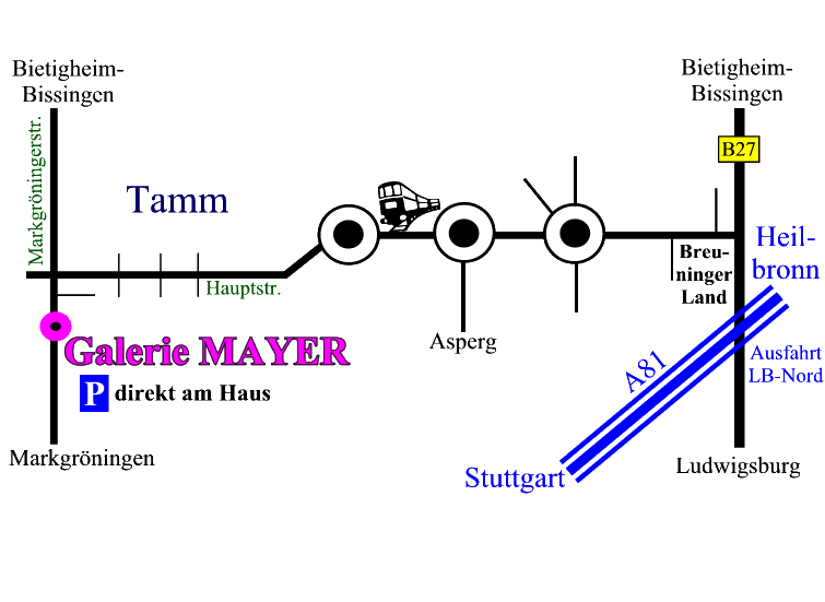 Anfahrtsweg von Stuttgart, Heilbronn, Bietigheim-Bissingen, Asperg und Schwieberdingen zur Galerie, Kunsthandlung und Bilderrahmen-Fachwerkstatt Mayer in Tamm im Kreis Ludwigsburg